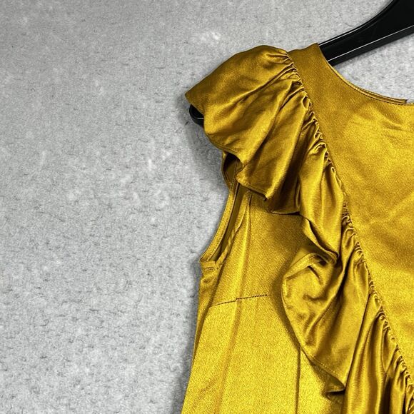 Anthropologie Seen Worn Kept Satin Ruffle Midi Dress 4 Gold Yellow Sleeveless - Picture 3 of 13